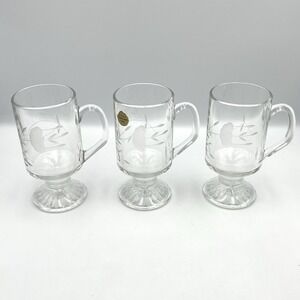 Vintage 1980s Princess House Heritage Etched Glass Footed Mugs Set of 3 France